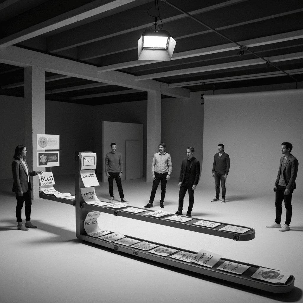 Editorial metaphor scene of a sleek “content assembly line” in a modern studio: a single brief sheet enters on one side and exits as multiple assets (blog draft, email, short-form script, social post cards) on the other; cinematic side lighting, shallow depth of field, industrial-modern aesthetic, 35mm lens, realistic paper textures.