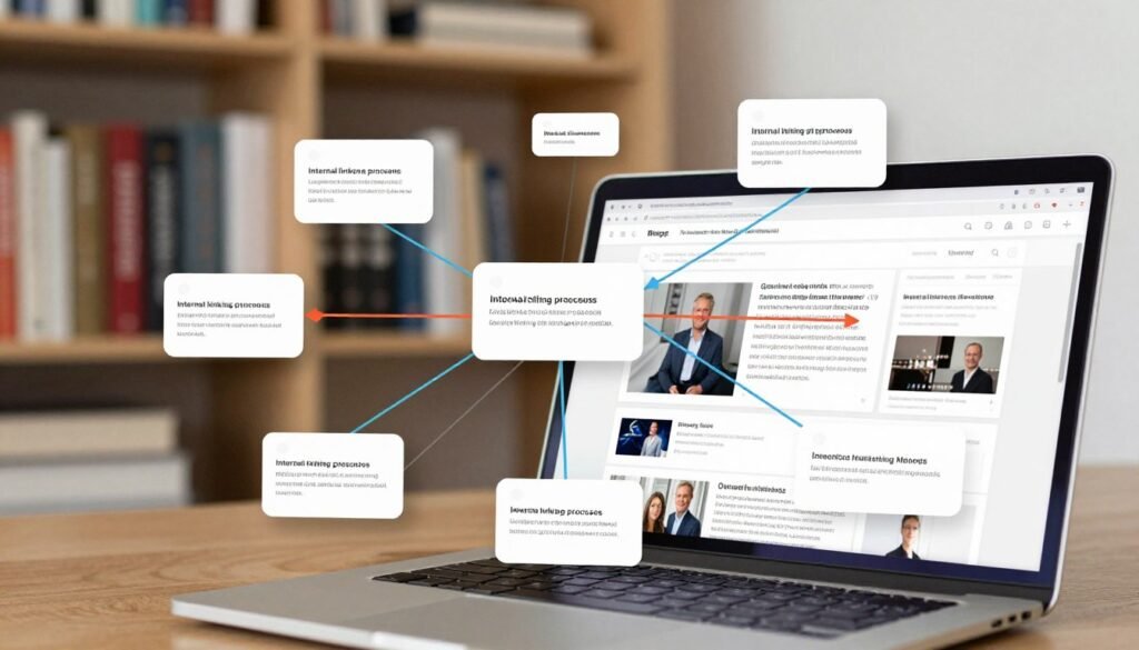 A conceptual diagram illustrating the internal linking process for blogs, showcasing a strategic link placement techniques theme. In the foreground, a professional-looking workspace with a laptop displaying a blog layout, highlighting links and connections between various articles. In the middle, colorful arrows and lines representing internal links connecting different blog posts, creating a web-like structure. The background features a soft-focus bookshelf filled with books about digital marketing and blogging, enhancing the knowledge theme. Use soft, natural lighting to create a warm and inviting atmosphere, with a slight overhead angle to emphasize the links' connections. The overall mood should inspire creativity and strategy in blogging.