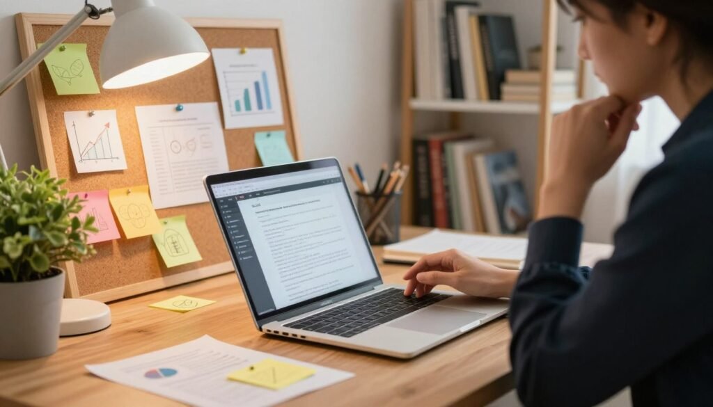 A cozy, well-lit workspace featuring a wooden desk with a laptop open to a blog post drafting page. In the foreground, colorful sticky notes are scattered around, with visuals like graphs, illustrations, and charts pinned to a corkboard behind. A potted plant adds a pop of green, while a warm desk lamp casts soft light over the scene. The middle ground shows a person, dressed in smart casual attire, thoughtfully reviewing the content on the laptop. In the background, a bookshelf filled with books on writing and creativity creates a motivating atmosphere. The lighting is bright but warm, evoking a sense of productivity and inspiration, inviting the viewer to embrace the process of adding visual elements to blog posts. A cozy, well-lit workspace featuring a wooden desk with a laptop open to a blog post drafting page. In the foreground, colorful sticky notes are scattered around, with visuals like graphs, illustrations, and charts pinned to a corkboard behind. A potted plant adds a pop of green, while a warm desk lamp casts soft light over the scene. The middle ground shows a person, dressed in smart casual attire, thoughtfully reviewing the content on the laptop. In the background, a bookshelf filled with books on writing and creativity creates a motivating atmosphere. The lighting is bright but warm, evoking a sense of productivity and inspiration, inviting the viewer to embrace the process of adding visual elements to blog posts.
