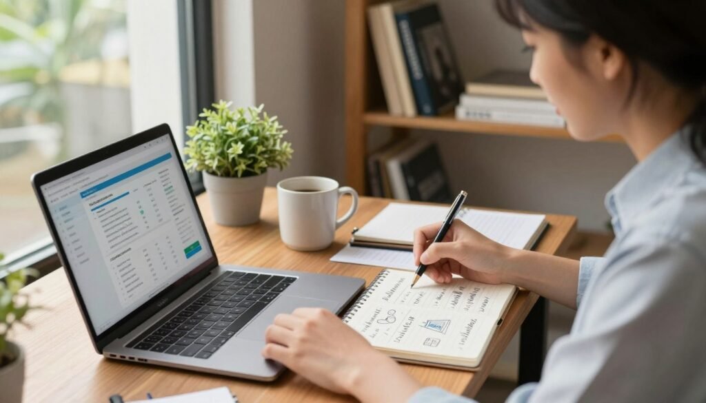 A cozy workspace showcasing a professional individual in smart casual attire, deeply engaged in research and planning for affiliate marketing niche selection. In the foreground, an open laptop displays data analytics and niche ideas. Next to it, a notebook filled with handwritten notes and sketches of popular niches like health, technology, and finance. In the middle, a coffee mug and a plant add a touch of warmth to the scene. The background features a bookshelf with marketing books, a window revealing a sunny day outside, and natural light pouring in, enhancing the focused atmosphere. The overall mood is inspiring and productive, conveying a sense of determination and clarity in selecting a niche that converts effectively without relying on influencer clout.