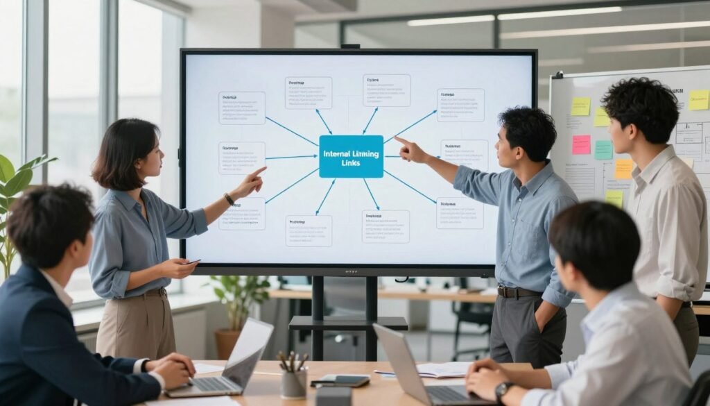 A creative workspace with a large digital screen displaying a complex internal linking map illustrating various blog posts and their connections. In the foreground, a diverse group of professionals in business attire discuss the strategy, pointing at different links on the screen with expressions of concentration. In the middle ground, a large whiteboard filled with notes, diagrams, and colorful sticky notes related to internal linking strategies. The background features a modern office environment with bright, natural lighting streaming through large windows, giving a sense of energy and collaboration. The atmosphere conveys focus and innovation, emphasizing the importance of monitoring and updating internal links for effective blog management.