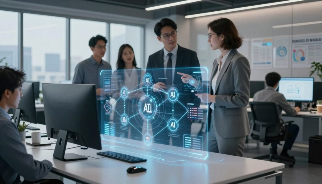 A detailed illustration of an AI technology roadmap set in a modern workspace. In the foreground, a sleek, futuristic computer desk with a holographic display showing interconnected nodes and stages of an AI automation process. The middle section features professionals in business attire discussing ideas, pointing at the roadmap, surrounded by digital charts and graphs representing various AI technologies and tools. The background includes a large window with a cityscape view, illuminated by soft, ambient lighting creating a collaborative atmosphere. The image conveys a sense of innovation and partnership, with a clean and organized layout, captured from a slightly elevated angle to emphasize the roadmap's complexity and importance. A detailed illustration of an AI technology roadmap set in a modern workspace. In the foreground, a sleek, futuristic computer desk with a holographic display showing interconnected nodes and stages of an AI automation process. The middle section features professionals in business attire discussing ideas, pointing at the roadmap, surrounded by digital charts and graphs representing various AI technologies and tools. The background includes a large window with a cityscape view, illuminated by soft, ambient lighting creating a collaborative atmosphere. The image conveys a sense of innovation and partnership, with a clean and organized layout, captured from a slightly elevated angle to emphasize the roadmap's complexity and importance.