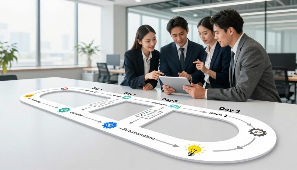 A detailed roadmap illustrating the concept of AI automation, segmented into the first five days of a structured 30-day plan. In the foreground, there is a large, clear, winding path marked with milestones, each representing a task or goal for Days 1-5, depicted with colorful icons (like gears, checklists, and lightbulbs). In the middle ground, a diverse group of three professionals in business attire collaborates around a digital tablet, discussing the roadmap content, with expressions of focus and enthusiasm. The background features a sleek, modern office environment with large windows allowing natural light to flood in, enhancing a sense of innovation and clarity. The overall atmosphere is optimistic and dedicated, inviting viewers to visualize a productive journey toward AI integration. A detailed roadmap illustrating the concept of AI automation, segmented into the first five days of a structured 30-day plan. In the foreground, there is a large, clear, winding path marked with milestones, each representing a task or goal for Days 1-5, depicted with colorful icons (like gears, checklists, and lightbulbs). In the middle ground, a diverse group of three professionals in business attire collaborates around a digital tablet, discussing the roadmap content, with expressions of focus and enthusiasm. The background features a sleek, modern office environment with large windows allowing natural light to flood in, enhancing a sense of innovation and clarity. The overall atmosphere is optimistic and dedicated, inviting viewers to visualize a productive journey toward AI integration.