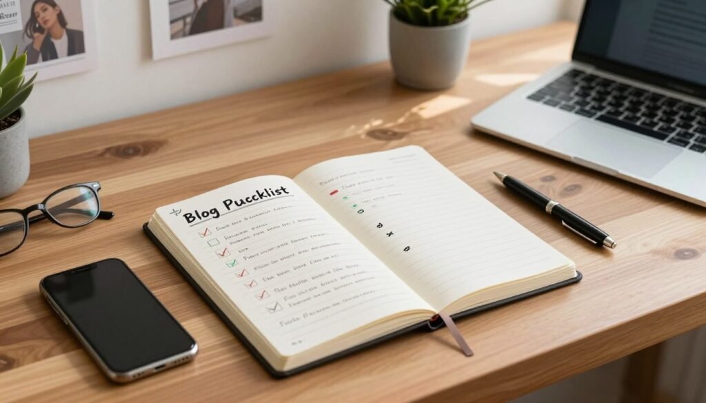 A detailed scene of a blog post publishing checklist on a modern wooden desk, featuring a high-quality notebook opened to a checklist page. The checklist should include creative visual elements like checkmarks and icons representing various tools and software—such as a laptop, smartphone, and writing utensils—arranged aesthetically around the notebook. In the background, a well-organized workspace with soft natural light streaming through a window creates a warm and productive atmosphere. The setting should evoke professionalism and creativity, with plants and motivational artwork subtly decorating the space. Capture the scene with a slight overhead angle, emphasizing the checklist while keeping a clear focus on the tools and environment. The mood should be inspiring and conducive to productivity.