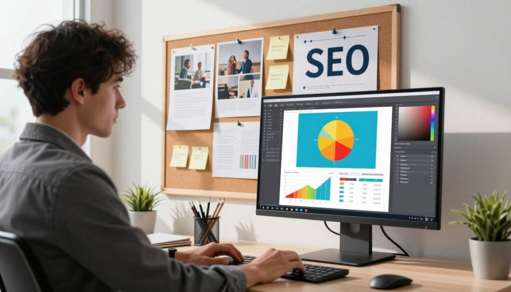 A digital workspace showcasing the concept of optimizing images for SEO, with a sleek, modern office environment. In the foreground, a computer screen displays colorful images with graphs and analytics data about image performance. A professional, wearing business attire, is seated at the desk, focusing on editing an image using graphic design software. In the middle, a large corkboard is filled with pinned images, keywords, and sticky notes that illustrate the process of image optimization. The background features bright, natural lighting streaming through a window, casting soft shadows. The atmosphere is productive and innovative, highlighting the importance of effective media management in SEO strategies.