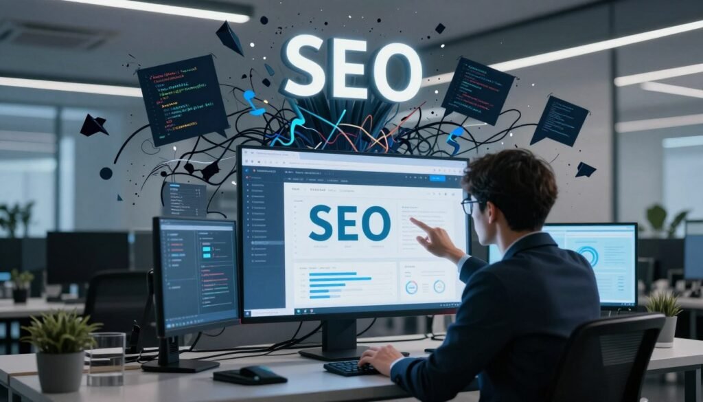 A dynamic scene illustrating the concept of Technical SEO, centered in a high-tech digital workspace. In the foreground, a professional-looking person in smart business attire is intently analyzing a website on a large, futuristic screen filled with graphs, analytics, and coding elements. In the middle, a clutter of tangled code and digital elements symbolizes SEO nightmares, like broken links and crawling errors, depicted as dark, chaotic shapes. The background features a sleek modern office environment with soft, ambient lighting that gives a calming contrast to the chaotic foreground. The atmosphere conveys a sense of urgency and determination as the individual works to solve complex technical issues. The image captures the essence of problem-solving for website optimization without any text or distractions. A dynamic scene illustrating the concept of Technical SEO, centered in a high-tech digital workspace. In the foreground, a professional-looking person in smart business attire is intently analyzing a website on a large, futuristic screen filled with graphs, analytics, and coding elements. In the middle, a clutter of tangled code and digital elements symbolizes SEO nightmares, like broken links and crawling errors, depicted as dark, chaotic shapes. The background features a sleek modern office environment with soft, ambient lighting that gives a calming contrast to the chaotic foreground. The atmosphere conveys a sense of urgency and determination as the individual works to solve complex technical issues. The image captures the essence of problem-solving for website optimization without any text or distractions.