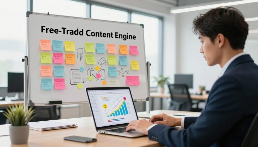 A dynamic workspace illustrating the concept of a "Free-Traffic Content Engine." In the foreground, a focused individual, dressed in professional business attire, sits at a laptop with a look of concentration. On the screen, vibrant graphs and content ideas flow, depicting the hustle of affiliate marketing. In the middle ground, a whiteboard filled with colorful sticky notes displays various content strategies. The background features a bright, modern office environment with large windows, allowing natural light to flood the space, creating an airy atmosphere. The overall mood is energetic and inspiring, capturing the essence of productivity and creativity. The scene is framed with a slight depth of field, emphasizing the individual’s engagement with their work while keeping the surrounding elements sharp and accessible.