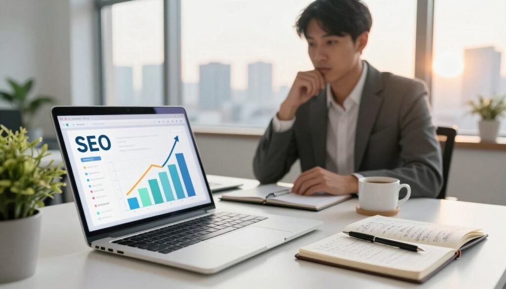 A modern office desk scene focused on SEO optimization. In the foreground, a laptop is open, displaying a colorful analytics dashboard with upward-trending graphs and SEO keywords. Beside it, a notepad filled with handwritten notes and a green plant. In the middle ground, a professional individual, wearing business attire, is contemplating next steps with a thoughtful expression, accompanied by a coffee mug. The background features a large window revealing a city skyline bathed in warm, natural light, creating an inspirational atmosphere. The overall mood suggests productivity and innovation, with soft focus applied to the background to emphasize the subject's determination. Use a slightly elevated angle to capture the entire setup effectively. A modern office desk scene focused on SEO optimization. In the foreground, a laptop is open, displaying a colorful analytics dashboard with upward-trending graphs and SEO keywords. Beside it, a notepad filled with handwritten notes and a green plant. In the middle ground, a professional individual, wearing business attire, is contemplating next steps with a thoughtful expression, accompanied by a coffee mug. The background features a large window revealing a city skyline bathed in warm, natural light, creating an inspirational atmosphere. The overall mood suggests productivity and innovation, with soft focus applied to the background to emphasize the subject's determination. Use a slightly elevated angle to capture the entire setup effectively.