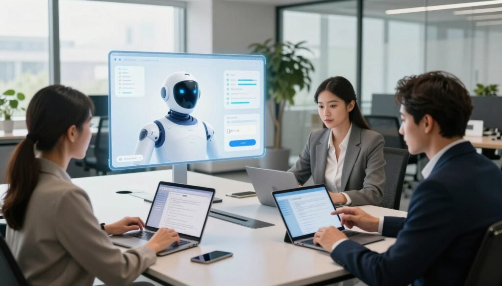 A modern office environment showcasing the seamless integration of AI meeting assistants into workflows. In the foreground, a diverse group of three professionals—two women and one man—are seated around a sleek conference table, collaborating over digital devices. Each person is dressed in smart business attire, focused on their respective tablets displaying automated meeting notes. The middle layer features a futuristic virtual assistant interface projected in mid-air, highlighting features like real-time note-taking and scheduling. The background reveals a bright, airy office with large windows, greenery, and soft natural light spilling in, creating a productive and innovative atmosphere. The scene conveys a sense of efficiency and teamwork, emphasizing the transformative impact of AI in professional settings. The angle captures the collaboration from a slightly elevated perspective, showcasing both the team and the AI integration effectively. A modern office environment showcasing the seamless integration of AI meeting assistants into workflows. In the foreground, a diverse group of three professionals—two women and one man—are seated around a sleek conference table, collaborating over digital devices. Each person is dressed in smart business attire, focused on their respective tablets displaying automated meeting notes. The middle layer features a futuristic virtual assistant interface projected in mid-air, highlighting features like real-time note-taking and scheduling. The background reveals a bright, airy office with large windows, greenery, and soft natural light spilling in, creating a productive and innovative atmosphere. The scene conveys a sense of efficiency and teamwork, emphasizing the transformative impact of AI in professional settings. The angle captures the collaboration from a slightly elevated perspective, showcasing both the team and the AI integration effectively.