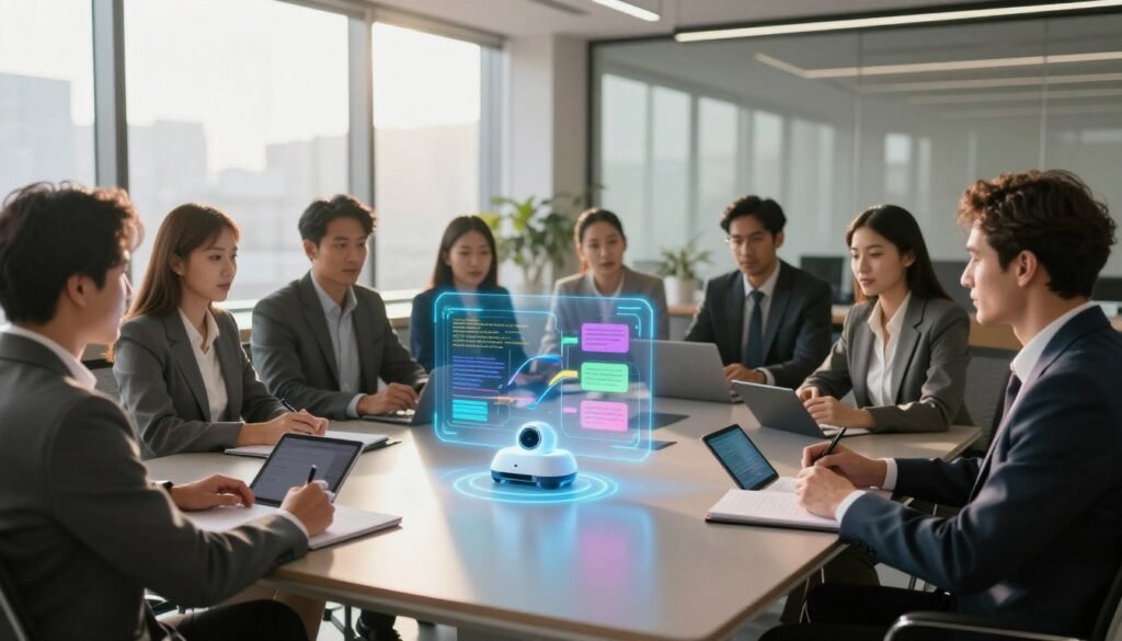 A modern office meeting room with a sleek, polished table at the center, surrounded by professional individuals in business attire engaged in a discussion. In the foreground, a futuristic AI assistant, resembling a small, elegant holographic display, projects colorful meeting notes and summaries above the table. In the middle, the participants, a diverse group of three men and three women, are actively interacting with the assistant, taking notes on tablets and sharing ideas. The background features large windows with natural sunlight streaming in, casting a warm glow over the scene. The atmosphere is dynamic and innovative, reflecting a tech-savvy environment where efficiency and collaboration thrive. The image is captured with a wide-angle lens to emphasize the interaction and technology, creating an engaging perspective. A modern office meeting room with a sleek, polished table at the center, surrounded by professional individuals in business attire engaged in a discussion. In the foreground, a futuristic AI assistant, resembling a small, elegant holographic display, projects colorful meeting notes and summaries above the table. In the middle, the participants, a diverse group of three men and three women, are actively interacting with the assistant, taking notes on tablets and sharing ideas. The background features large windows with natural sunlight streaming in, casting a warm glow over the scene. The atmosphere is dynamic and innovative, reflecting a tech-savvy environment where efficiency and collaboration thrive. The image is captured with a wide-angle lens to emphasize the interaction and technology, creating an engaging perspective.