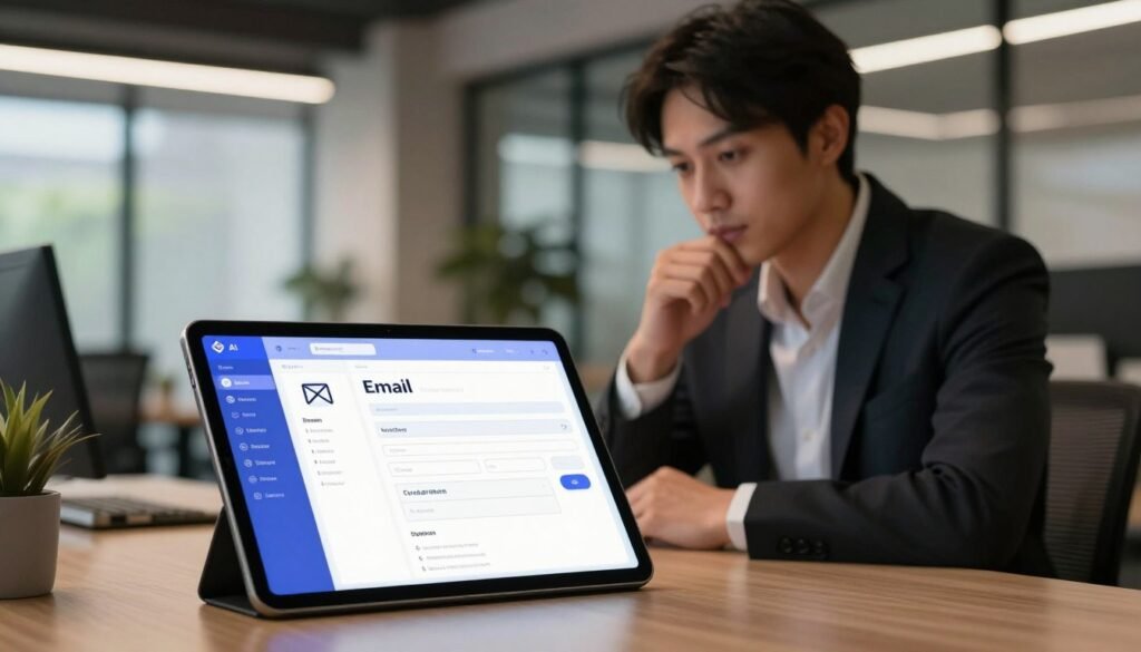 A modern office scene featuring a sleek, digital AI Email Assistant displayed on a high-resolution tablet. In the foreground, the tablet shows a vibrant email template interface with clean lines and intuitive design. The middle ground captures a professional individual dressed in business attire, engaged in thoughtful interactions with the email assistant, slightly leaning over the tablet with a focused expression. The background features an open workspace environment with soft, ambient lighting coming from large windows, creating a warm, productive atmosphere. Subtle reflections of greenery can be seen outside, enhancing the sense of a contemporary, tech-savvy workplace. The overall mood is efficient and inspiring, emphasizing the ease of crafting the perfect email template. A modern office scene featuring a sleek, digital AI Email Assistant displayed on a high-resolution tablet. In the foreground, the tablet shows a vibrant email template interface with clean lines and intuitive design. The middle ground captures a professional individual dressed in business attire, engaged in thoughtful interactions with the email assistant, slightly leaning over the tablet with a focused expression. The background features an open workspace environment with soft, ambient lighting coming from large windows, creating a warm, productive atmosphere. Subtle reflections of greenery can be seen outside, enhancing the sense of a contemporary, tech-savvy workplace. The overall mood is efficient and inspiring, emphasizing the ease of crafting the perfect email template.