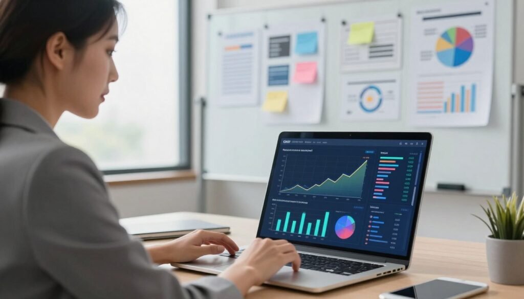 A modern office setting featuring a sleek laptop displaying a colorful performance metrics dashboard on the screen, with graphs and data visualizations illustrating growth and engagement. In the foreground, a professional woman in business attire is analyzing the data with a look of focus and determination. The middle ground shows a whiteboard with strategic notes and visual aids related to blog performance. The background includes a large window with natural light streaming in, giving a bright and optimistic atmosphere. The image is captured from a slightly elevated angle, creating a dynamic view of the workspace that emphasizes productivity and success in digital marketing.