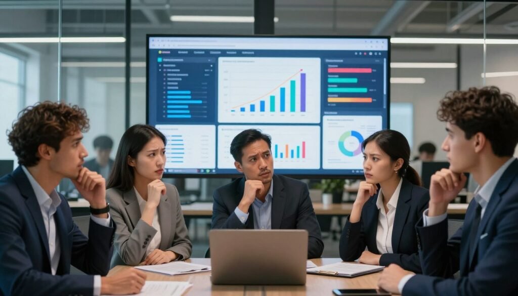 A modern office setting illustrating the challenges of automation adoption. In the foreground, a diverse group of professionals in smart business attire, deep in discussion; expressions of concern and contemplation on their faces. The middle layer features a large digital screen displaying various analytics and automation tools, with graphs indicating progress and hurdles in a stark contrast of colors. The background showcases a bright, well-lit office space with glass walls, reflecting a busy work environment. The atmosphere is tense yet hopeful, with dramatic lighting highlighting individual faces and the digital screen, creating a sense of urgency and focus on overcoming obstacles to implement AI-driven solutions.