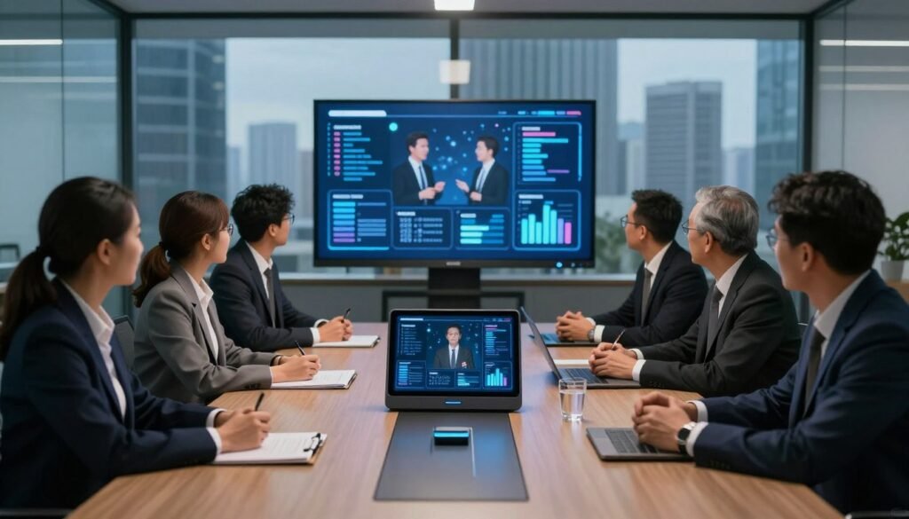 A modern office setting with a sleek conference room table at the forefront, where a diverse group of professionals in business attire are engaged in a meeting. In the center, an advanced AI-powered device, resembling a futuristic tablet, displays visual analytics from the conversation. The middle ground features a large screen showing key points and data visualizations related to the discussion. Soft, ambient lighting casts a calm glow, highlighting the focus on collaboration and technology. The background consists of glass walls and a city skyline view, creating an inspiring atmosphere. The overall mood conveys efficiency and innovation, emphasizing the role of AI in analyzing conversations for crucial insights. A modern office setting with a sleek conference room table at the forefront, where a diverse group of professionals in business attire are engaged in a meeting. In the center, an advanced AI-powered device, resembling a futuristic tablet, displays visual analytics from the conversation. The middle ground features a large screen showing key points and data visualizations related to the discussion. Soft, ambient lighting casts a calm glow, highlighting the focus on collaboration and technology. The background consists of glass walls and a city skyline view, creating an inspiring atmosphere. The overall mood conveys efficiency and innovation, emphasizing the role of AI in analyzing conversations for crucial insights.