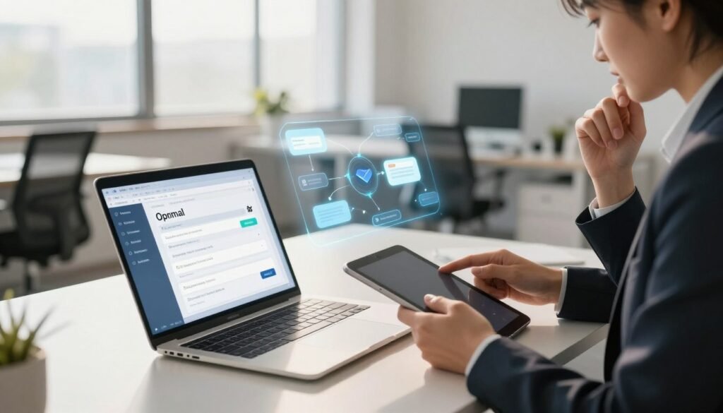 A modern office workspace featuring a sleek laptop on a stylish desk, with a glowing screen displaying an open email application. In the foreground, a thoughtful business professional in smart attire reviews email drafts, holding a digital tablet. The middle ground highlights a futuristic AI interface with flowcharts showcasing automated follow-up processes and smart suggestions. The background reveals a bright and airy office environment, with large windows letting in natural light that creates a warm, inviting atmosphere. The overall mood is focused and productive, illustrating the efficiency of AI in streamlining communication. The composition is captured from a slightly elevated angle, emphasizing the dynamic interaction between the human and AI elements. A modern office workspace featuring a sleek laptop on a stylish desk, with a glowing screen displaying an open email application. In the foreground, a thoughtful business professional in smart attire reviews email drafts, holding a digital tablet. The middle ground highlights a futuristic AI interface with flowcharts showcasing automated follow-up processes and smart suggestions. The background reveals a bright and airy office environment, with large windows letting in natural light that creates a warm, inviting atmosphere. The overall mood is focused and productive, illustrating the efficiency of AI in streamlining communication. The composition is captured from a slightly elevated angle, emphasizing the dynamic interaction between the human and AI elements.