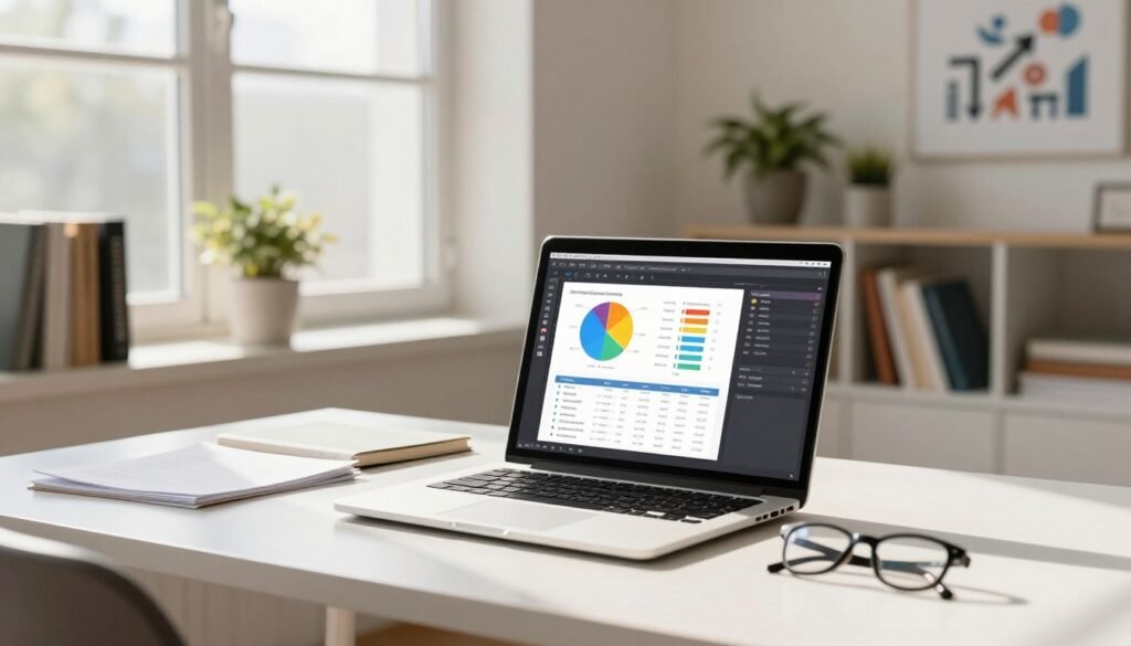 A modern workspace highlighting "Optimizing Content for SEO and Readability." In the foreground, a clean, well-organized desk featuring a laptop open to a digital content editor with colorful charts and graphs on the screen, focusing on keyword optimization. Scattered around are notes and a pair of reading glasses, suggesting a busy but efficient work process. The middle ground shows a bright window with sunlight streaming in, casting soft shadows across the desk, enhancing the serene atmosphere of productivity. In the background, a bookshelf filled with industry-related books, a couple of plants for a touch of life, and a minimalist wall art piece depicting SEO concepts like arrows and analytics. Capture the composition with warm lighting and a slightly blurred depth of field for a professional, inviting ambiance.