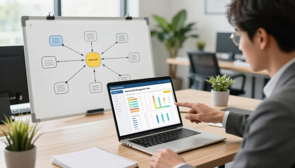 A modern workspace showcasing Internal Link Management Tools, with a sleek laptop open displaying a colorful dashboard of internal link metrics and analytics. In the foreground, a professional-looking individual in business attire points at the screen, engaged in discussion. The middle layer features a whiteboard filled with interconnected web diagrams representing complex linking structures. In the background, soft natural light streams through large windows, illuminating a vibrant office environment filled with greenery and minimalist furniture. The atmosphere is focused and collaborative, evoking a sense of productivity and innovation. The camera angle captures the scene from a slightly elevated perspective, adding depth and context to the workspace.