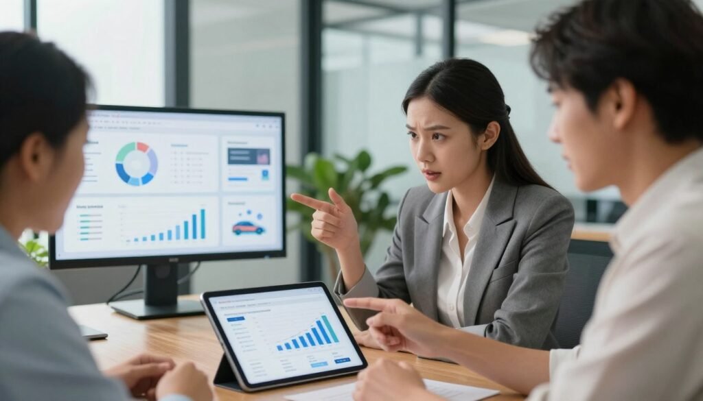 A professional business setting featuring a diverse group of three individuals discussing a traffic drop insurance policy. In the foreground, a woman in a tailored blazer points to a digital tablet displaying website analytics and traffic graphs, conveying a sense of urgency and strategy. The middle ground includes a large screen showcasing visual aids and data analytics related to website performance. In the background, a modern office with glass walls and potted plants enhances the atmosphere of professionalism and focus. Soft, natural lighting filters through the windows, creating a bright and optimistic mood. The scene should feel dynamic and collaborative, with individuals appearing engaged and determined to devise effective traffic strategies. A professional business setting featuring a diverse group of three individuals discussing a traffic drop insurance policy. In the foreground, a woman in a tailored blazer points to a digital tablet displaying website analytics and traffic graphs, conveying a sense of urgency and strategy. The middle ground includes a large screen showcasing visual aids and data analytics related to website performance. In the background, a modern office with glass walls and potted plants enhances the atmosphere of professionalism and focus. Soft, natural lighting filters through the windows, creating a bright and optimistic mood. The scene should feel dynamic and collaborative, with individuals appearing engaged and determined to devise effective traffic strategies.