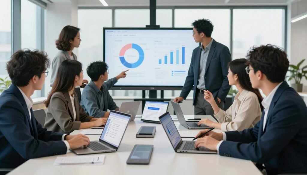 A professional, sleek office setting with a large table in the foreground displaying various AI email tools on laptops and tablets. The middle ground features a diverse group of business professionals in smart casual attire, actively discussing and analyzing the tools, with charts and graphs projected on a screen behind them. The background showcases a modern office with large windows letting in soft, natural light, creating a bright and inviting atmosphere. The image captures a collaborative and focused mood, highlighting the importance of choosing the right AI email tool. Soft shadows enhance the depth, and a slight blurring effect adds an artistic touch, focusing attention on the tools and the engaged professionals. A professional, sleek office setting with a large table in the foreground displaying various AI email tools on laptops and tablets. The middle ground features a diverse group of business professionals in smart casual attire, actively discussing and analyzing the tools, with charts and graphs projected on a screen behind them. The background showcases a modern office with large windows letting in soft, natural light, creating a bright and inviting atmosphere. The image captures a collaborative and focused mood, highlighting the importance of choosing the right AI email tool. Soft shadows enhance the depth, and a slight blurring effect adds an artistic touch, focusing attention on the tools and the engaged professionals.