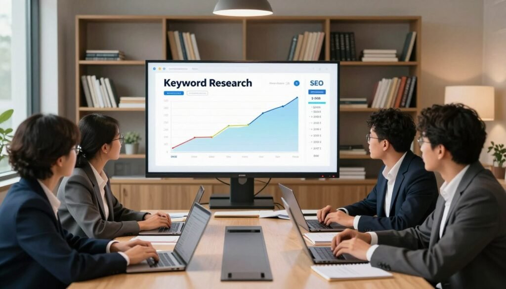 A professional workspace showcasing a keyword research workflow. In the foreground, a diverse group of individuals in business attire are engaged in a brainstorming session around a modern conference table, surrounded by laptops and notebooks filled with notes. In the middle, a large digital display shows colorful charts and graphs illustrating keyword performance metrics with organic growth trends and search volume data. The background features shelves filled with books on digital marketing and SEO strategies, softly lit for a warm atmosphere. Natural light streams in through large windows, casting gentle shadows, creating a focused yet collaborative mood. The angle is slightly elevated to capture both the group interaction and the digital display effectively, emphasizing teamwork and analytics in keyword research. A professional workspace showcasing a keyword research workflow. In the foreground, a diverse group of individuals in business attire are engaged in a brainstorming session around a modern conference table, surrounded by laptops and notebooks filled with notes. In the middle, a large digital display shows colorful charts and graphs illustrating keyword performance metrics with organic growth trends and search volume data. The background features shelves filled with books on digital marketing and SEO strategies, softly lit for a warm atmosphere. Natural light streams in through large windows, casting gentle shadows, creating a focused yet collaborative mood. The angle is slightly elevated to capture both the group interaction and the digital display effectively, emphasizing teamwork and analytics in keyword research.