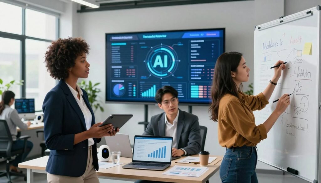 A vibrant and modern office setting featuring a diverse team of professionals collaboratively discussing a project, with a large digital screen displaying AI-enhanced data analytics in the background. The foreground shows three individuals: a Black woman in business attire presenting ideas on a tablet, an Asian man analyzing charts on a laptop, and a Hispanic woman writing notes on a whiteboard. The atmosphere is dynamic and energetic, illuminated by soft, natural lighting streaming through large windows. In the background, potted plants add a touch of greenery, and a collaborative workspace is visible with various tech gadgets like smartboards and virtual assistants. The overall mood conveys innovation, teamwork, and the seamless integration of AI in enhancing collaboration.
