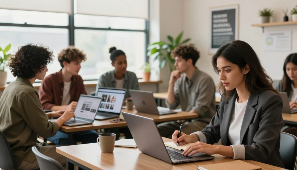 A vibrant co-working space filled with diverse bloggers engaged in discussions around laptops. In the foreground, a woman in professional business attire takes notes and types ideas on her laptop, showcasing her focused expression. In the middle ground, a small group of bloggers share insights, one showing an open laptop with a guest blogging website displayed, while another leans in, actively participating in the conversation. The background features a large window with soft, natural light filtering in, illuminating the modern decor, plants, and motivational posters. The atmosphere is collaborative and energetic, conveying a sense of community and shared purpose, reflecting the importance of networking and engagement with fellow bloggers.