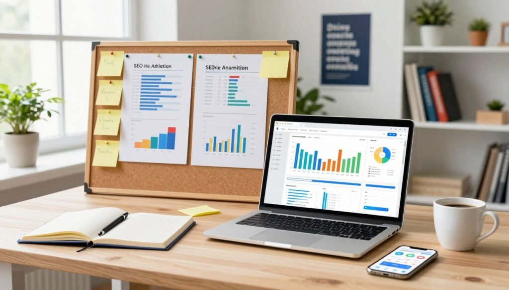 A vibrant digital workspace showcasing various SEO tools for affiliate marketing. In the foreground, there's a sleek laptop with an open screen displaying colorful graphs and analysis software. Scattered around are notebooks, a smartphone with analytics apps open, and a cup of coffee, suggesting a focused yet creative atmosphere. In the middle ground, charts and keyword lists are pinned to a corkboard, with post-it notes highlighting key points, all bathed in natural light from a nearby window. The background features a minimalist office setup with plants, a bookshelf filled with marketing resources, and a motivational poster about driving organic traffic. The overall mood is inspiring and energetic, encouraging productivity in the freelance marketing space. A vibrant digital workspace showcasing various SEO tools for affiliate marketing. In the foreground, there's a sleek laptop with an open screen displaying colorful graphs and analysis software. Scattered around are notebooks, a smartphone with analytics apps open, and a cup of coffee, suggesting a focused yet creative atmosphere. In the middle ground, charts and keyword lists are pinned to a corkboard, with post-it notes highlighting key points, all bathed in natural light from a nearby window. The background features a minimalist office setup with plants, a bookshelf filled with marketing resources, and a motivational poster about driving organic traffic. The overall mood is inspiring and energetic, encouraging productivity in the freelance marketing space.