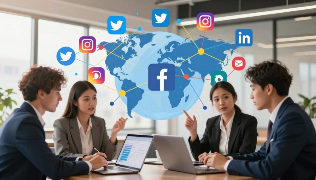 A vibrant illustration of various social media logos, including Facebook, Twitter, Instagram, and LinkedIn, visually interconnected through colorful lines and nodes to represent networking and engagement. In the foreground, a diverse group of three professionals in business attire, engaged in discussion over a laptop displaying social media analytics. The middle-ground features a large, stylized globe symbolizing global connectivity with floating icons of social media platforms. The background is a modern office space with soft, natural lighting filtering through large windows, casting a warm glow. The mood is energetic and collaborative, reflecting the dynamic nature of social media in promoting content and connecting with audiences. The composition should evoke a sense of professionalism and innovation, encouraging viewers to leverage social media for enhanced visibility.