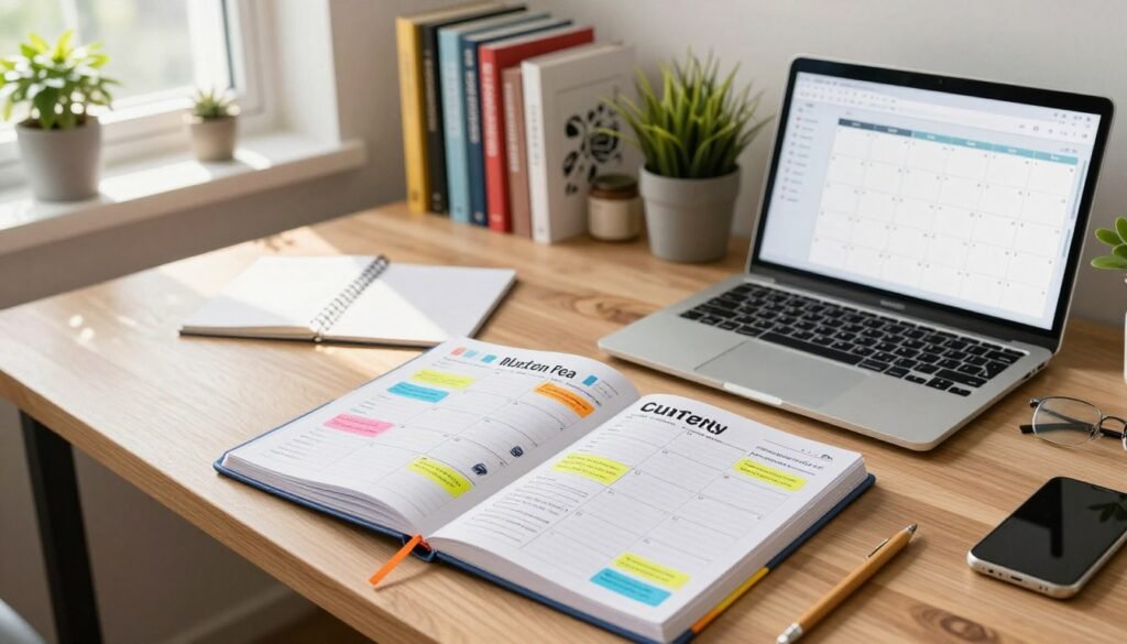 A vibrant, organized workspace depicting a blog content calendar on a large wooden desk. In the foreground, a colorful planner opened to a month view filled with notes and icons representing various blog topics, deadlines, and social media posts. To the side, a laptop with a digital calendar displayed on the screen. In the middle background, shelves lined with books on SEO and blogging, along with houseplants for a touch of greenery. The atmosphere is bright and inspiring, illuminated by natural light streaming through a nearby window, creating a warm and motivational mood. The angle is slightly overhead, capturing the essence of productivity and creativity in a professional setting, with no people present.