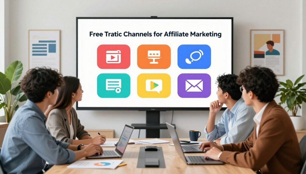 A visually engaging illustration depicting the concept of "Free Traffic Channels for Affiliate Marketing." In the foreground, a diverse group of three professionals, two men and one woman, dressed in smart casual attire, are actively brainstorming and collaborating around a modern conference table. They are surrounded by digital marketing tools like laptops and charts. The middle ground features a large digital screen showcasing five distinct traffic channels, symbolized as vibrant icons for social media, blogging, video content, forums, and email marketing. The background displays a contemporary office environment with motivational posters and greenery. Soft, natural lighting fills the space, creating an inspiring atmosphere, while a shallow depth of field focuses on the team’s engagement, conveying a sense of collaboration and innovation in affiliate marketing.