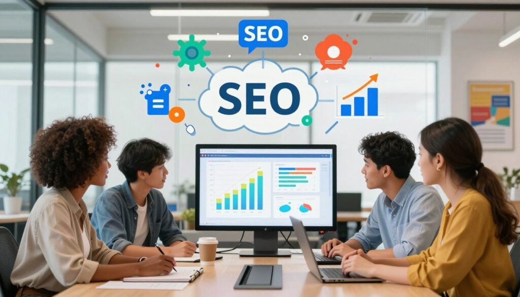 A visually engaging illustration of SEO optimization techniques. In the foreground, a diverse team of three professionals (a Black woman, a Hispanic man, and a Caucasian woman) collaborate around a modern conference table, focused on a large digital screen displaying colorful graphs and analytics related to website traffic. In the middle, various iconic SEO elements like keywords, links, and search rankings are represented as vibrant infographics, floating around them. The background features a bright, well-lit office environment with glass walls and motivational posters. The overall mood is collaborative and innovative, emphasizing teamwork and strategy in the digital marketing landscape. The lighting should be bright with a focus on the team, creating a professional yet dynamic atmosphere. A visually engaging illustration of SEO optimization techniques. In the foreground, a diverse team of three professionals (a Black woman, a Hispanic man, and a Caucasian woman) collaborate around a modern conference table, focused on a large digital screen displaying colorful graphs and analytics related to website traffic. In the middle, various iconic SEO elements like keywords, links, and search rankings are represented as vibrant infographics, floating around them. The background features a bright, well-lit office environment with glass walls and motivational posters. The overall mood is collaborative and innovative, emphasizing teamwork and strategy in the digital marketing landscape. The lighting should be bright with a focus on the team, creating a professional yet dynamic atmosphere.