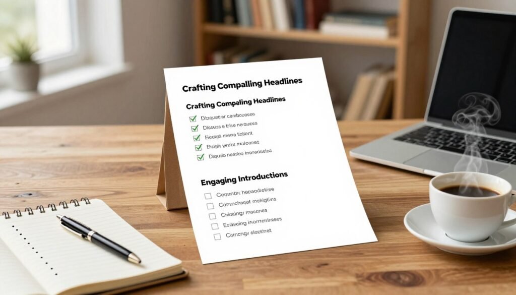 A well-organized blog post formatting checklist displayed on a stylish wooden desk, surrounded by a cozy, professional workspace. In the foreground, a notepad with bullet points and an elegant pen sit beside a laptop, while a steaming cup of coffee adds a warm touch. The middle layer features the checklist, prominently featuring sections like “Crafting Compelling Headlines” and “Engaging Introductions,” with some items checked off to indicate progress. The background consists of a softly blurred bookshelf filled with books on writing and blogging, enhancing the scholarly atmosphere. Natural light filters through a nearby window, casting a gentle glow across the scene, creating a calm and productive mood. The camera angle is slightly top-down, capturing the essence of an organized workspace dedicated to creating impactful blog content.