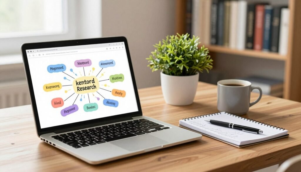 A well-organized keyword mapping template displayed on a sleek wooden desk, with a focus on a colorful mind map illustrating various keywords radiating from a central theme. The foreground features a modern laptop open to a keyword research tool, surrounded by a notepad filled with handwritten notes and a high-quality pen. In the middle, a bright potted plant adds a touch of greenery, while a coffee mug sits invitingly nearby. The background showcases a soft-focus bookshelf filled with business and blogging literature, lending an academic feel to the workspace. Soft, natural lighting floods the scene from a nearby window, creating a warm and inspiring atmosphere. The image should evoke a sense of productivity and creativity in a professional blogging environment. A well-organized keyword mapping template displayed on a sleek wooden desk, with a focus on a colorful mind map illustrating various keywords radiating from a central theme. The foreground features a modern laptop open to a keyword research tool, surrounded by a notepad filled with handwritten notes and a high-quality pen. In the middle, a bright potted plant adds a touch of greenery, while a coffee mug sits invitingly nearby. The background showcases a soft-focus bookshelf filled with business and blogging literature, lending an academic feel to the workspace. Soft, natural lighting floods the scene from a nearby window, creating a warm and inspiring atmosphere. The image should evoke a sense of productivity and creativity in a professional blogging environment.