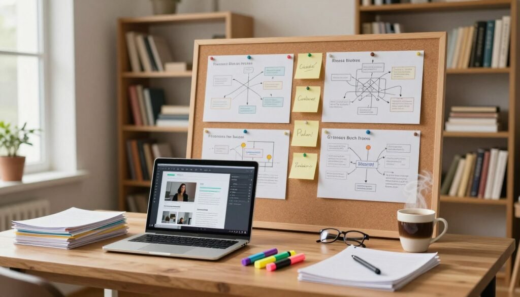 A well-organized research workspace, highlighting the research process. In the foreground, a clean wooden desk with an open laptop displaying a blog editing interface, piles of organized notes, and colorful highlighters scattered around. In the middle, a large corkboard covered with pins, sticky notes, and diagrams representing brainstorming ideas, along with a steaming cup of coffee, and a pair of reading glasses. The background features a well-lit bookshelf filled with books on writing and SEO, and a window letting in soft, natural light. The mood is focused and productive, evoking the atmosphere of a dedicated blogger actively streamlining their research process, with a warm color palette to enhance the inviting ambiance. A well-organized research workspace, highlighting the research process. In the foreground, a clean wooden desk with an open laptop displaying a blog editing interface, piles of organized notes, and colorful highlighters scattered around. In the middle, a large corkboard covered with pins, sticky notes, and diagrams representing brainstorming ideas, along with a steaming cup of coffee, and a pair of reading glasses. The background features a well-lit bookshelf filled with books on writing and SEO, and a window letting in soft, natural light. The mood is focused and productive, evoking the atmosphere of a dedicated blogger actively streamlining their research process, with a warm color palette to enhance the inviting ambiance.