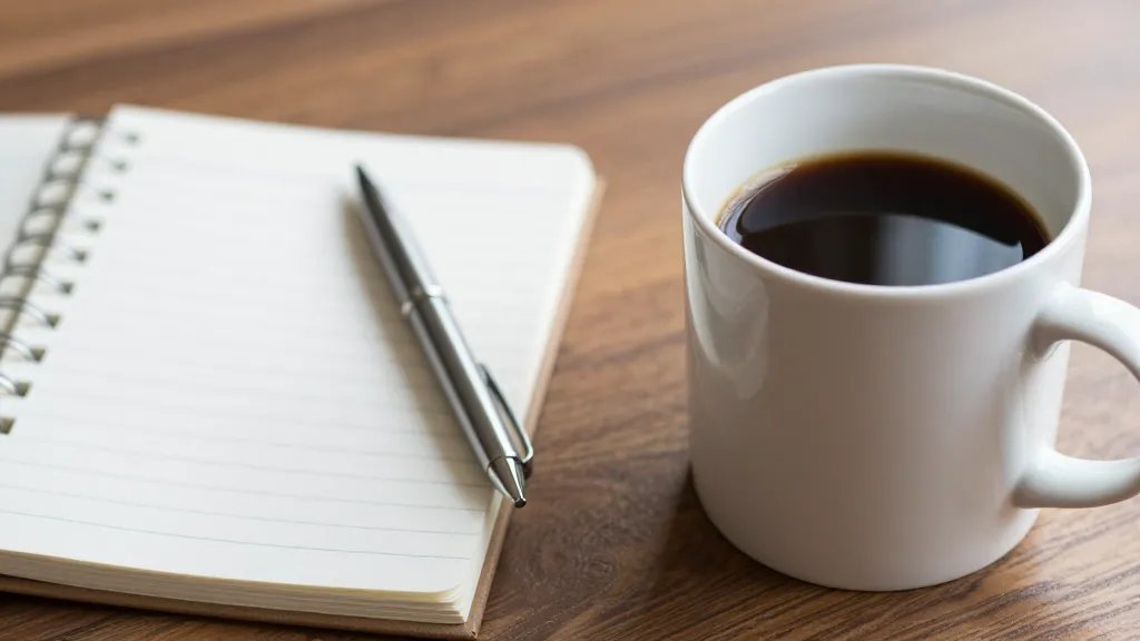 closeup of a coffee mug beside a notepad and pen on a home office desk