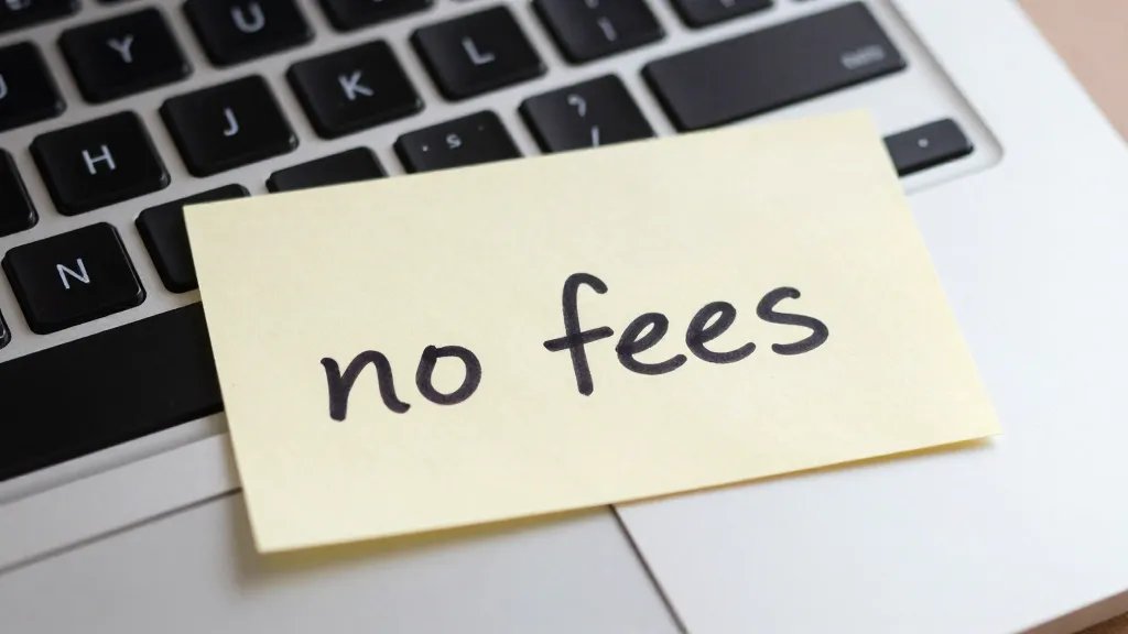 Closeup of a laptop keyboard with a handwritten note “no fees” on desk