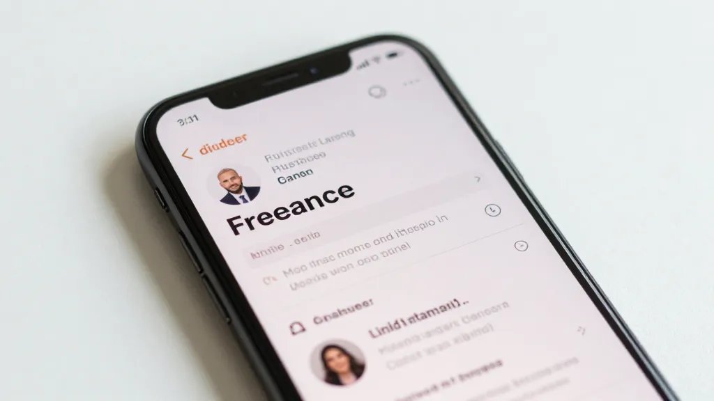 Closeup of a smartphone displaying a freelance profile on a white desk