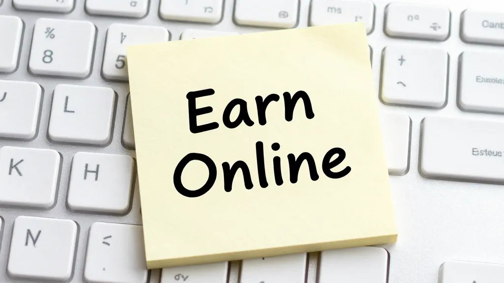 Closeup of a desktop keyboard with a single “Earn Online” sticky note