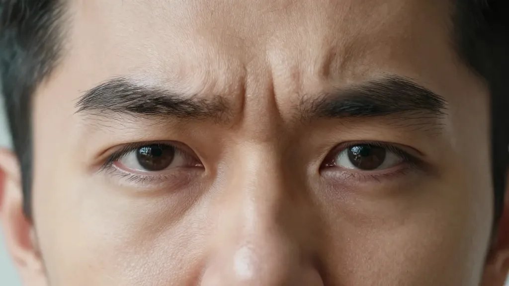 Closeup of a man’s skeptical eye with furrowed brow