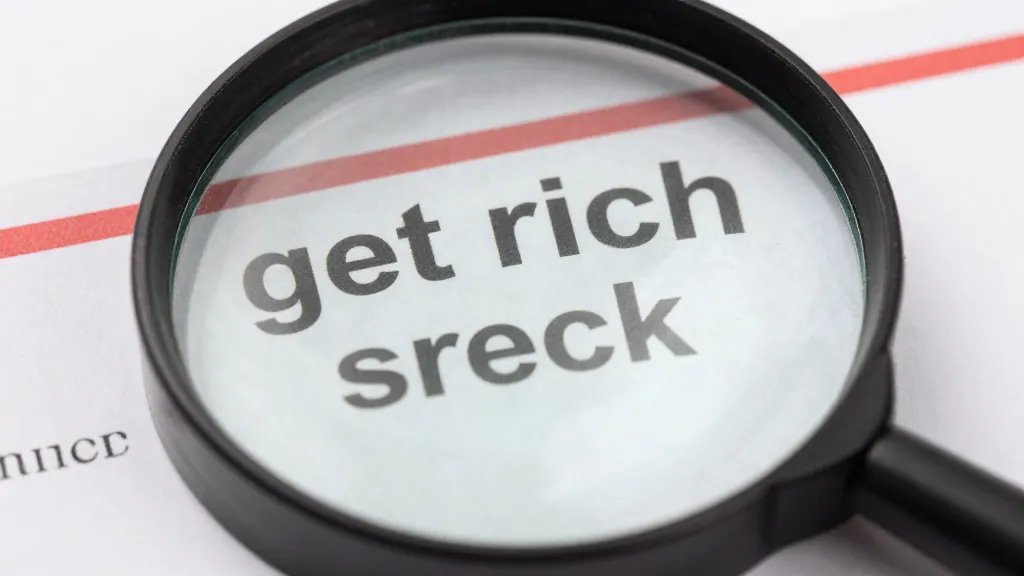 Closeup of a magnifying glass over a fake “get rich quick” email