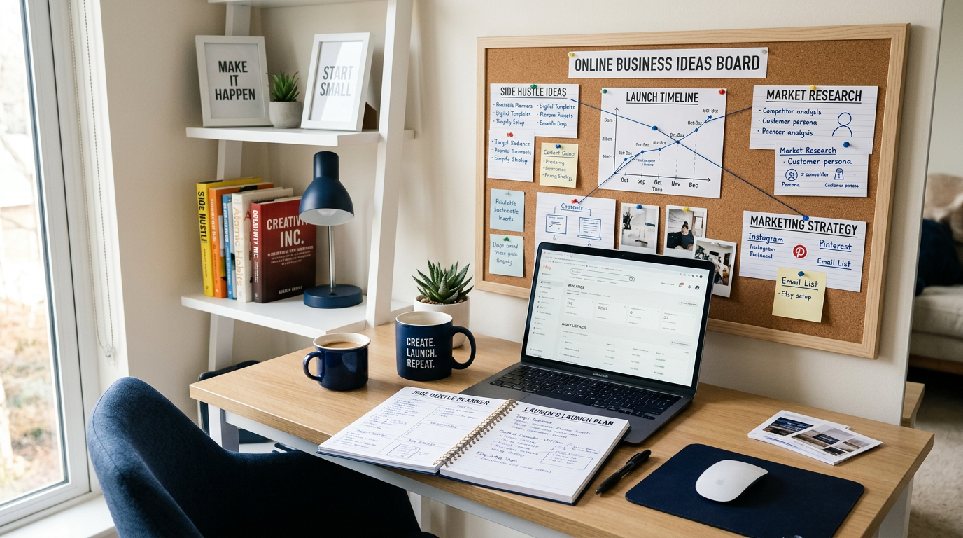 best side hustles from home workspace with laptop planning notes and online income ideas