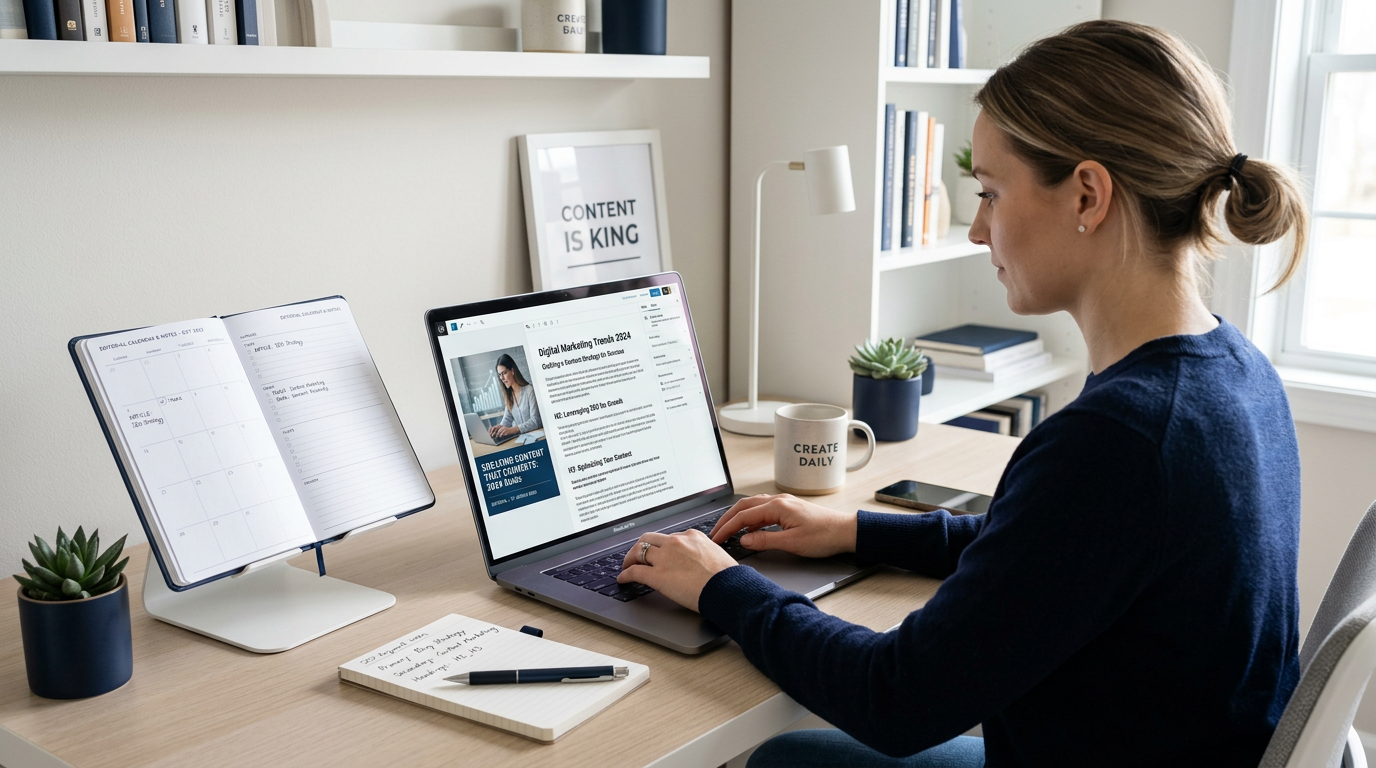 content & blogging strategy workspace with editorial planning and article structure