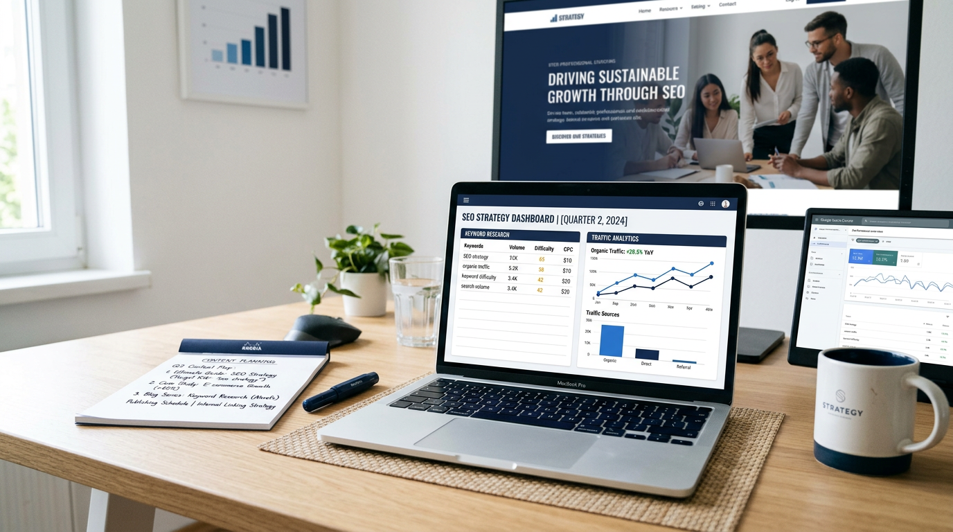 traffic and seo strategy dashboard with keyword research and content planning