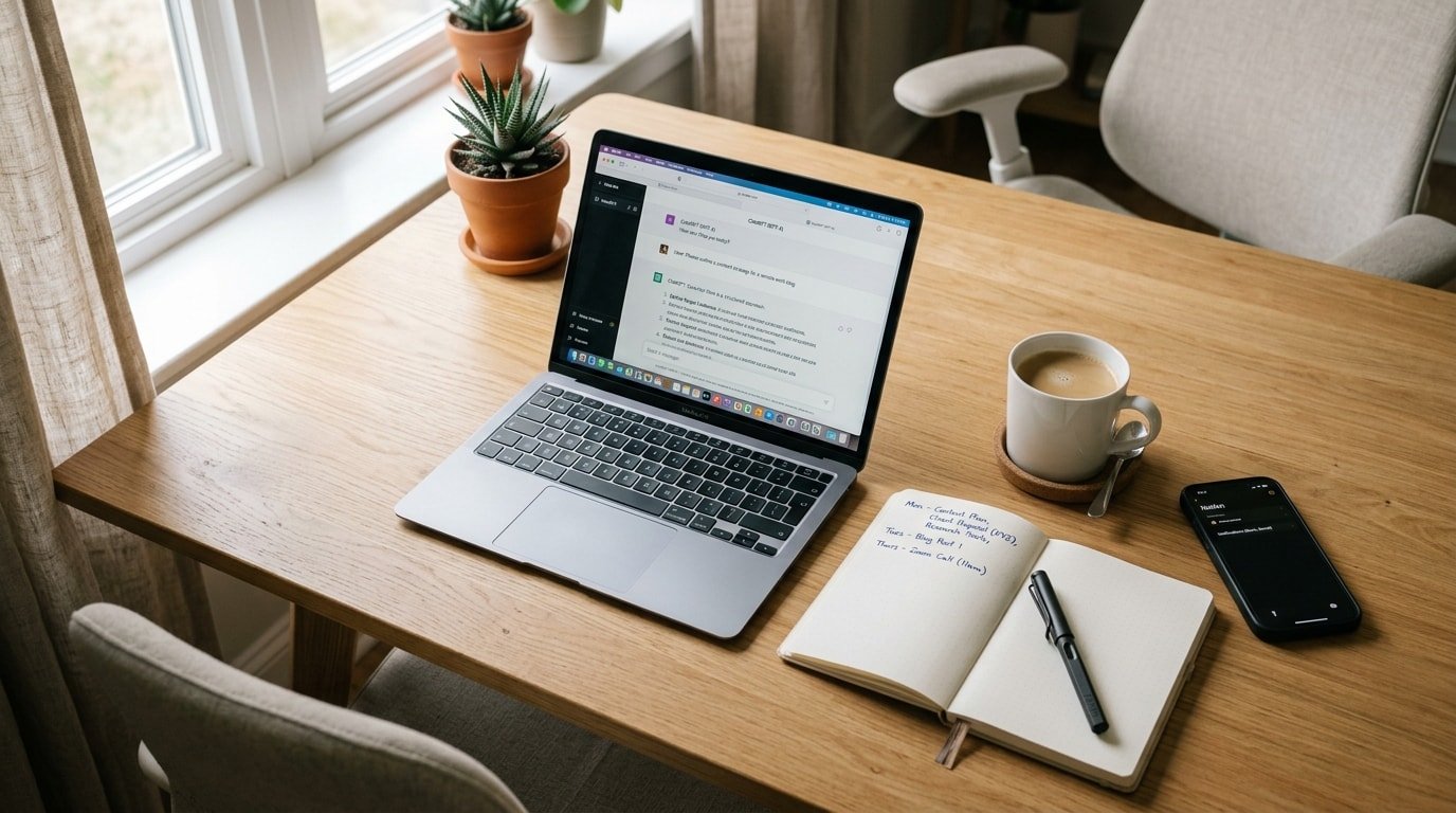 AI freelancer workspace with laptop showing ChatGPT