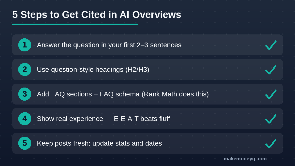 5-step checklist for how to rank in AI Overviews: answer first, question headings, FAQ schema, E-E-A-T, fresh content