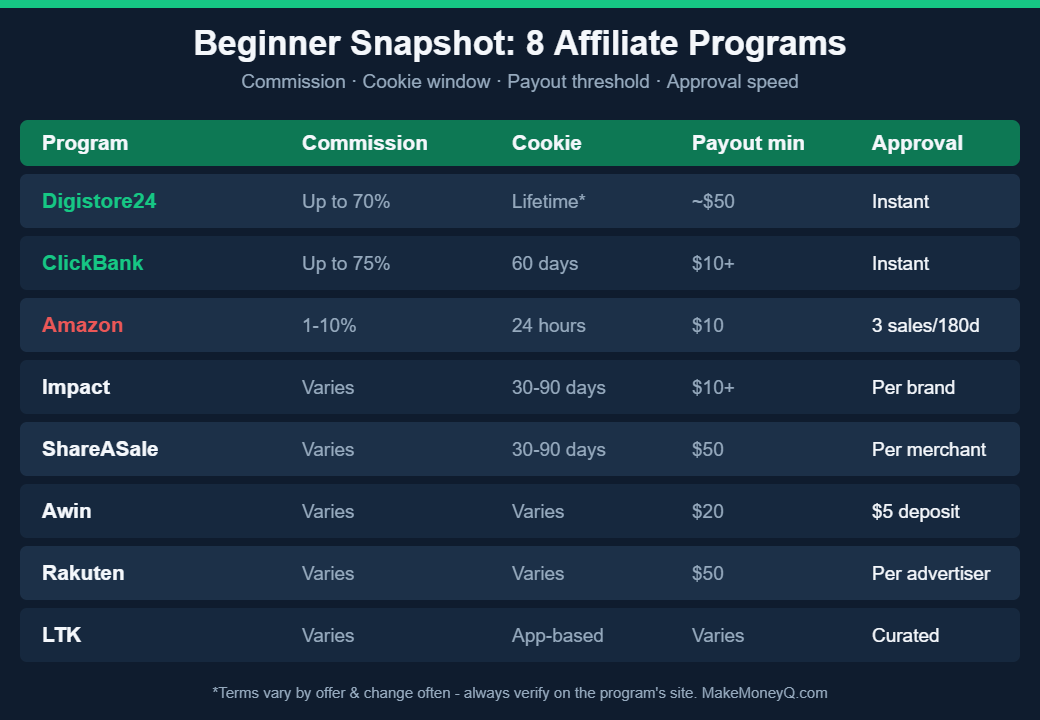 Comparison chart of 8 beginner affiliate programs showing commission rates, cookie windows, payout thresholds and approval speed for Digistore24, ClickBank, Amazon, Impact, ShareASale, Awin, Rakuten and LTK
