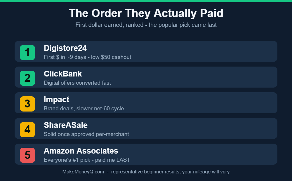 Ranked list showing the order five affiliate programs paid a beginner first: Digistore24, ClickBank, Impact, ShareASale, then Amazon Associates last