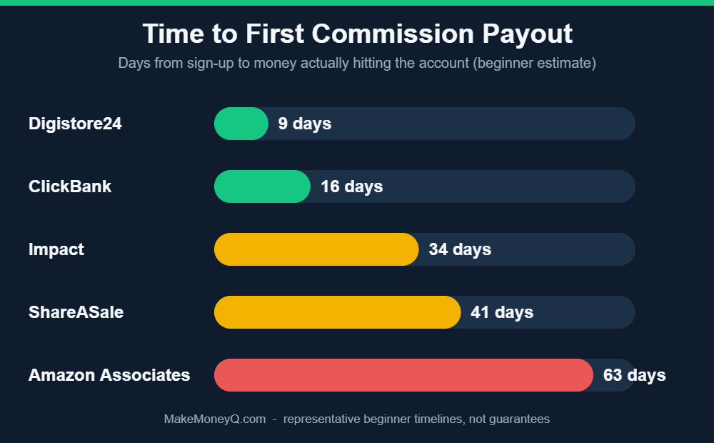 Bar chart showing time to first affiliate commission payout by program: Digistore24 9 days, ClickBank 16 days, Impact 34 days, ShareASale 41 days, Amazon Associates 63 days