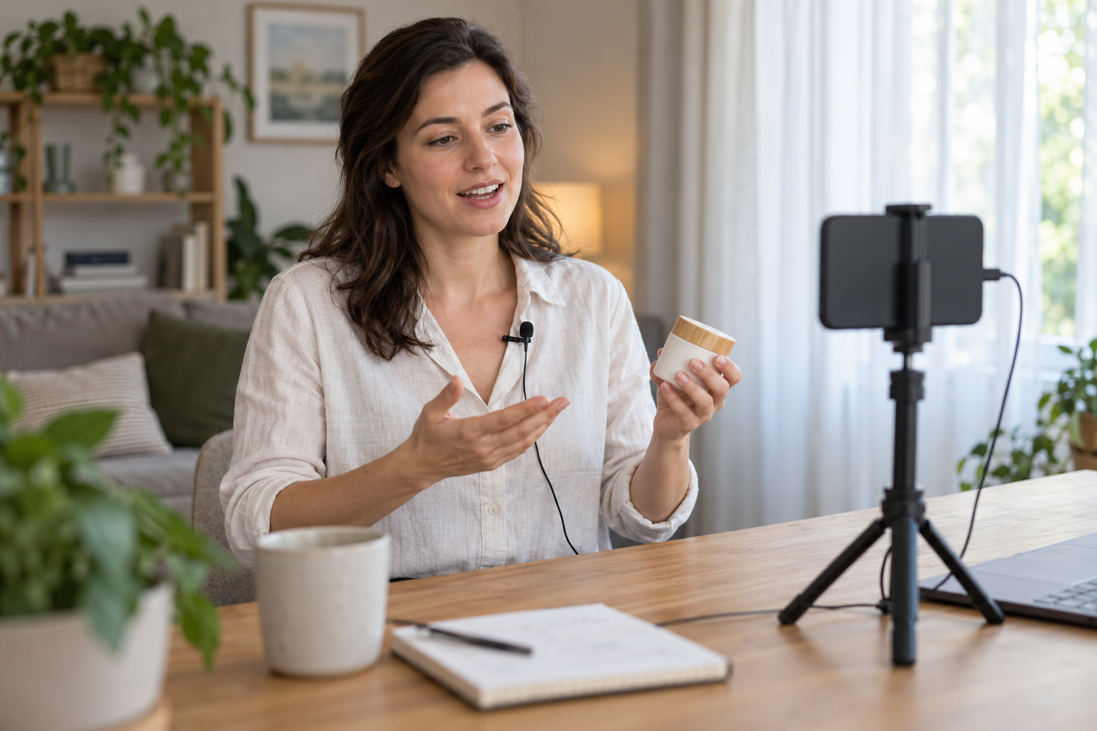 Creator recording narration for an affiliate product review video with a clip-on microphone