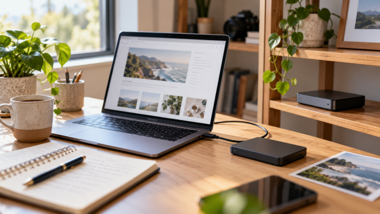 Home office illustrating a blog backup strategy with a laptop and separate storage drives
